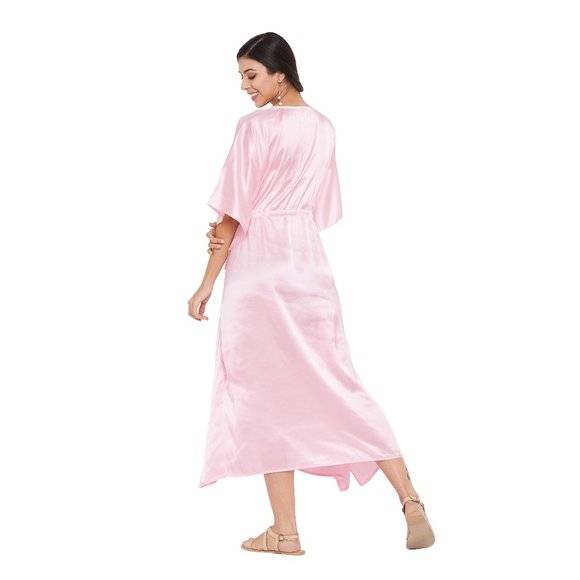 Womens Full Length Caftan Dress Silky Satin Long Maxi with Drawstring Nighty - Picture 7 of 7